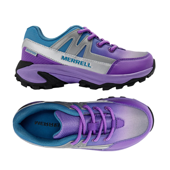 Pair of Merrell logo'd trail running shoes in purple with silver accents, blue gradient mesh upper, purple laces, blue footbed and a black and purple lugged outsole.