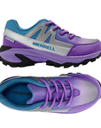 Pair of Merrell logo'd trail running shoes in purple with silver accents, blue gradient mesh upper, purple laces, blue footbed and a black and purple lugged outsole.