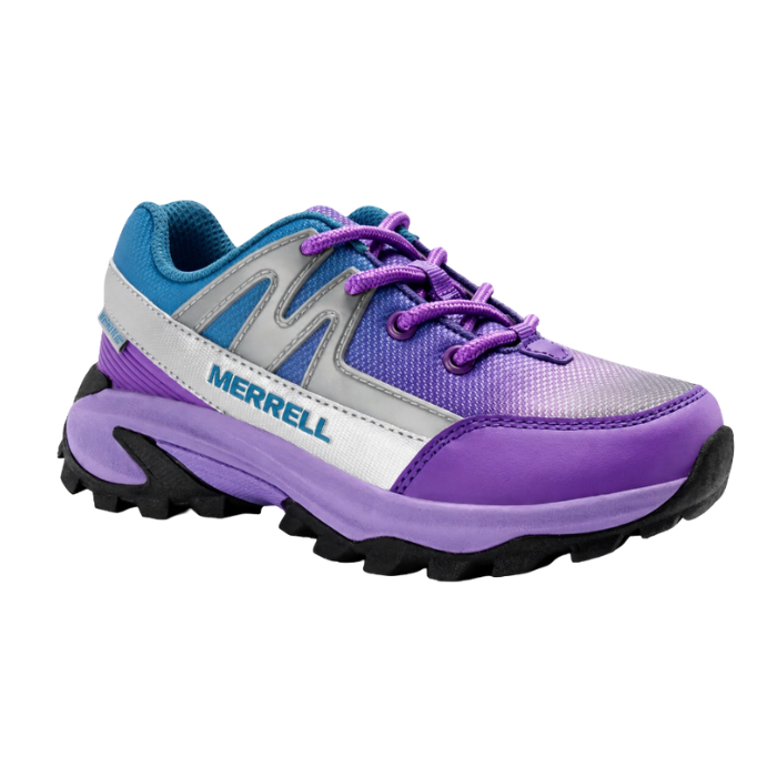 A Merrell logo'd trail running shoe in purple with silver accents, blue gradient mesh upper, purple laces, and a black and purple lugged outsole.