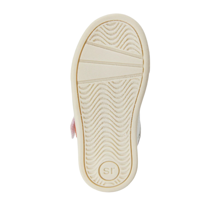 White light treaded outsole of kid's sneaker with SR on heel.