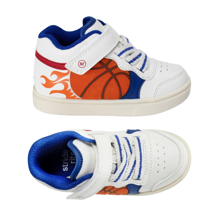 Pair of White kids sneakers with blue accents, Velcro strap and basketball with flames on side.