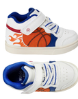 Pair of White kids sneakers with blue accents, Velcro strap and basketball with flames on side.