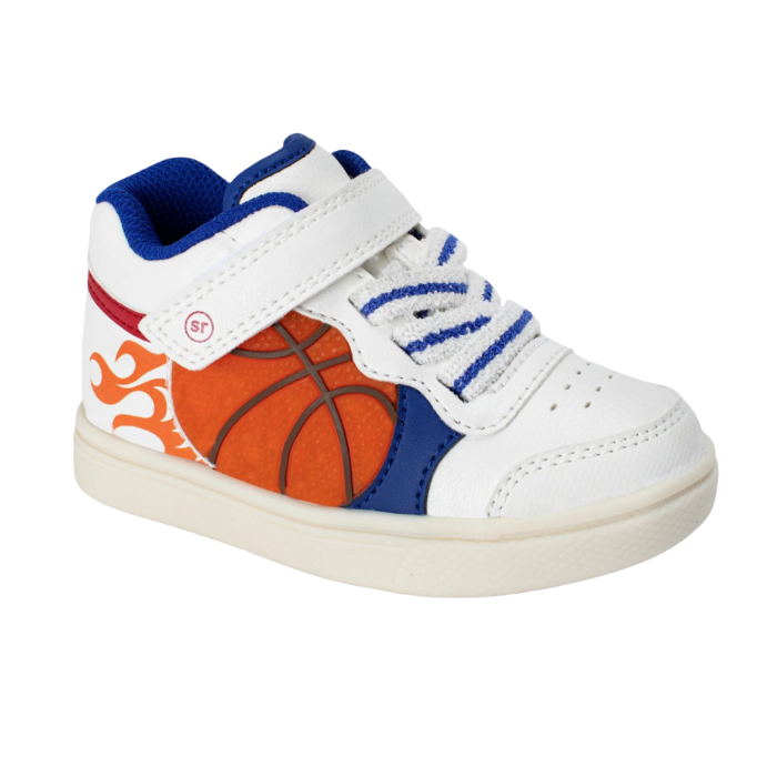 White kids sneaker with blue accents, Velcro strap and basketball with flames on side.