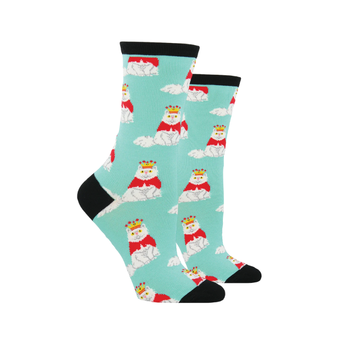 Women's Socksmith Meowarchy cotton crew socks in aqua with crowned white cats in red capes, perfect for cat lovers and quirky sock fans.