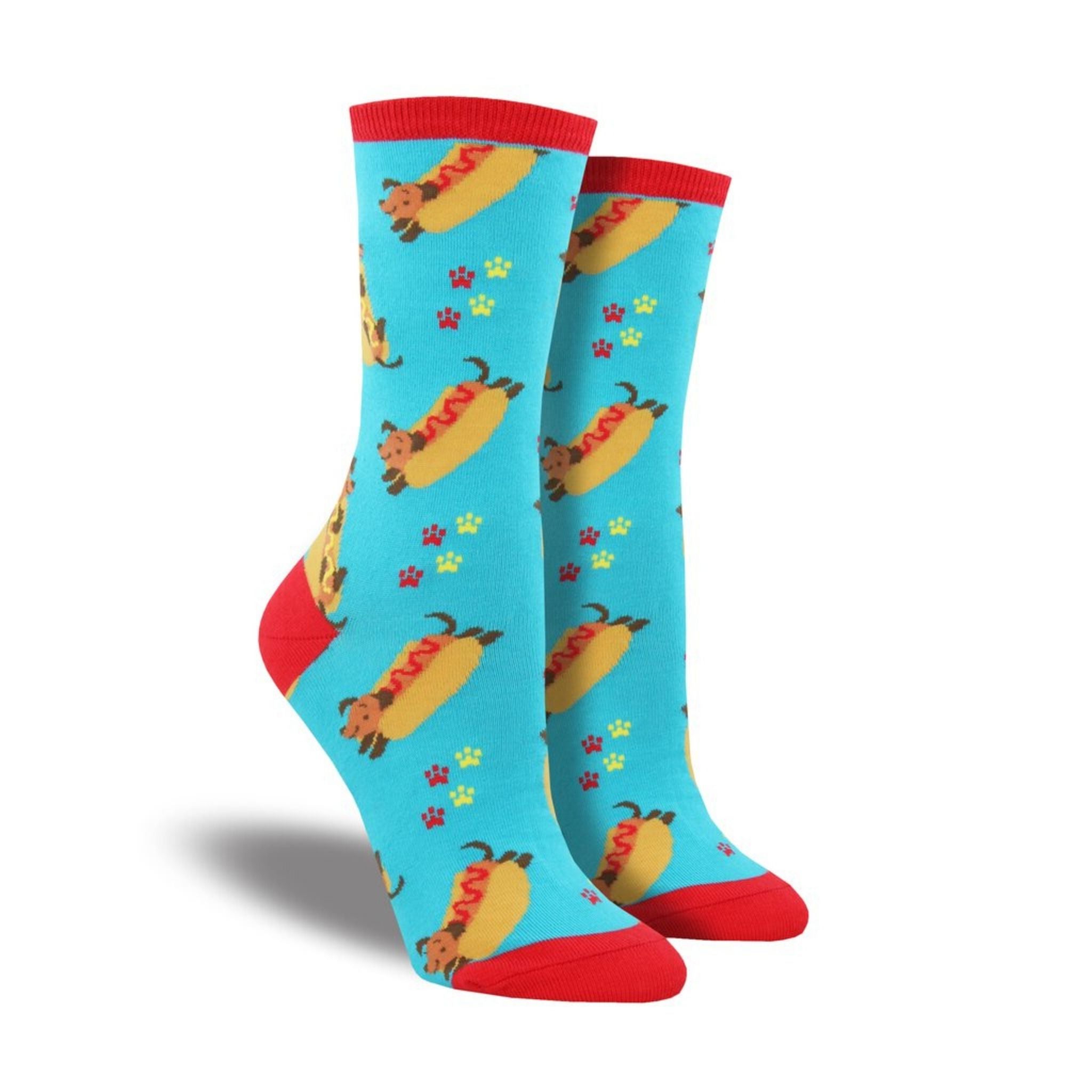 Blue socks with red accents featuring wiener dogs in hot dog buns