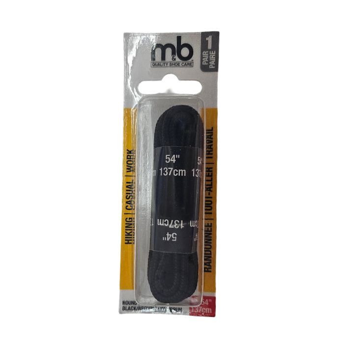 Brown and black round hiking/casual/work shoe laces in their white and yellow packaging.