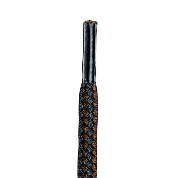 End of Black an brown braided lace with plastic finish.