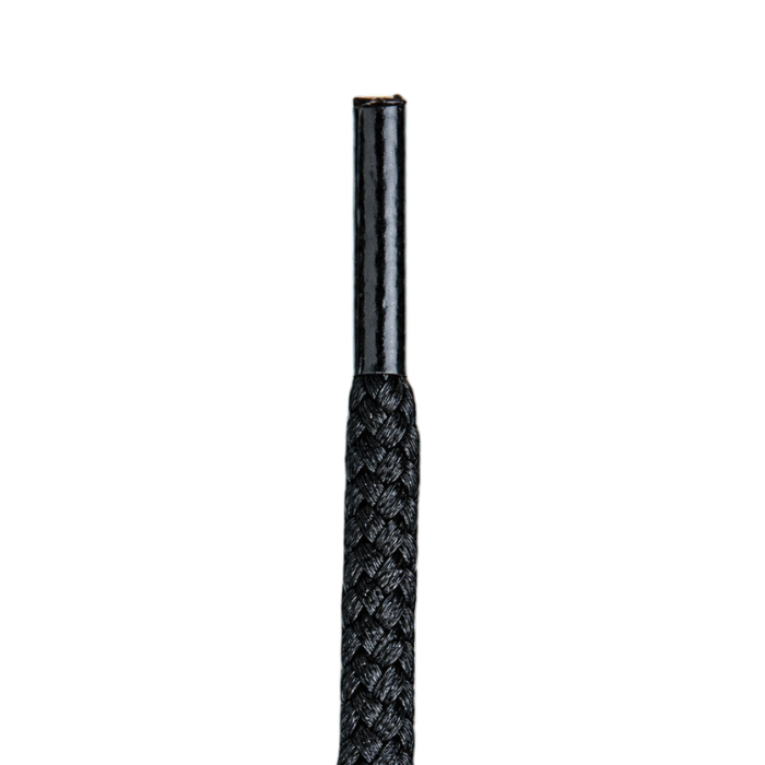 End of Black braided lace with plastic finish.