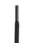 End of Black braided lace with plastic finish.
