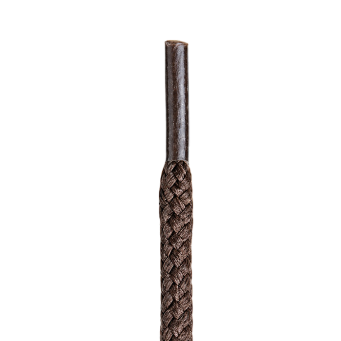 End of brown braided lace with plastic finish.