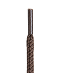 End of brown braided lace with plastic finish.