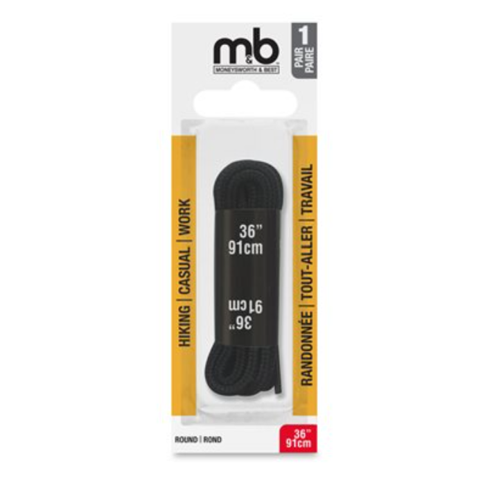 Black round shoelaces in a clear blister pack with a white and yellow cardboard header card. 
