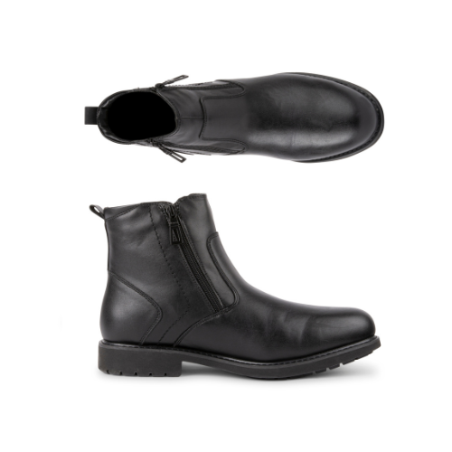 Pair of Black leather boots with dual zippers and treaded outsole.