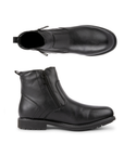 Pair of Black leather boots with dual zippers and treaded outsole.