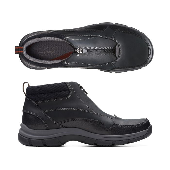 Top and side view of black leather boot with top zipper closure. Clarks logo on grey insole.