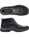 Top and side view of black leather boot with top zipper closure. Clarks logo on grey insole.