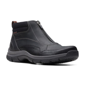 Black leather boot with top zipper closure.