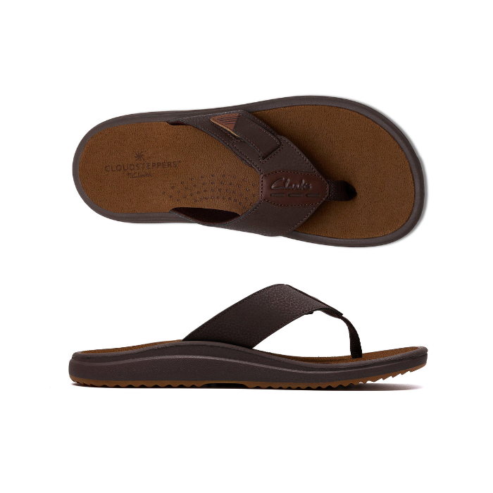 Pair of brown flip-flops and tan Clarks Cloudsteppers logo'd footbed.