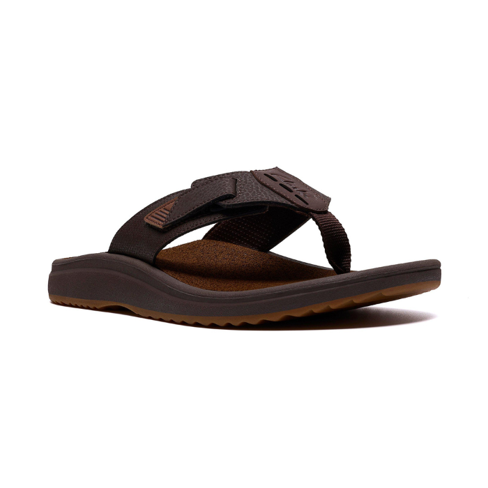 Brown faux leather flip-flop with tan accents.