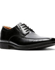 Black leather bicycle toe dress shoes with laces.