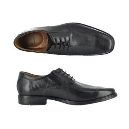 Top and side view of black leather bicycle toe dress shoes with laces.