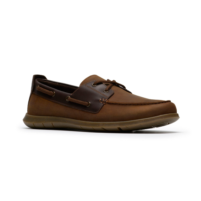 Brown boat shoe with dark accents, brown laces and brown outsole.
