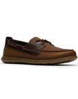 Brown boat shoe with dark accents, brown laces and brown outsole.
