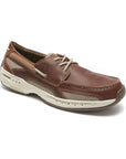 Brown boat shoe with laces. Off white midsole.