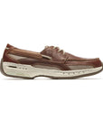 Side view of brown boat shoe with adjustable laces and white midsole.