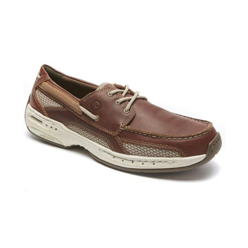 Brown boat shoe with laces. Off white midsole.