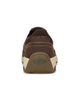 Rubber heel cap of brown leather loafer shoe with accent stitching and beige midsole.