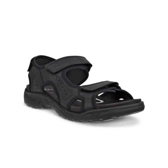 Black walking sandal with three adjustable Velcro straps, Ecco logo'd black footbed and treaded black outsole.