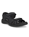 Black walking sandal with three adjustable Velcro straps, Ecco logo'd black footbed and treaded black outsole.