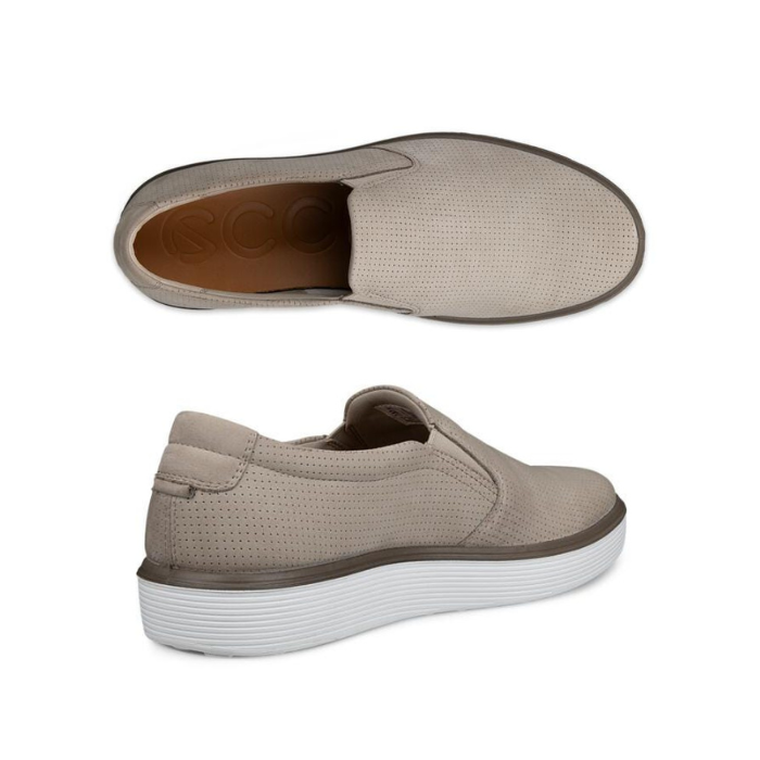 Pair of Beige slip-on shoe with light perforations, orange Ecco logo'd footbed and a white outsole.