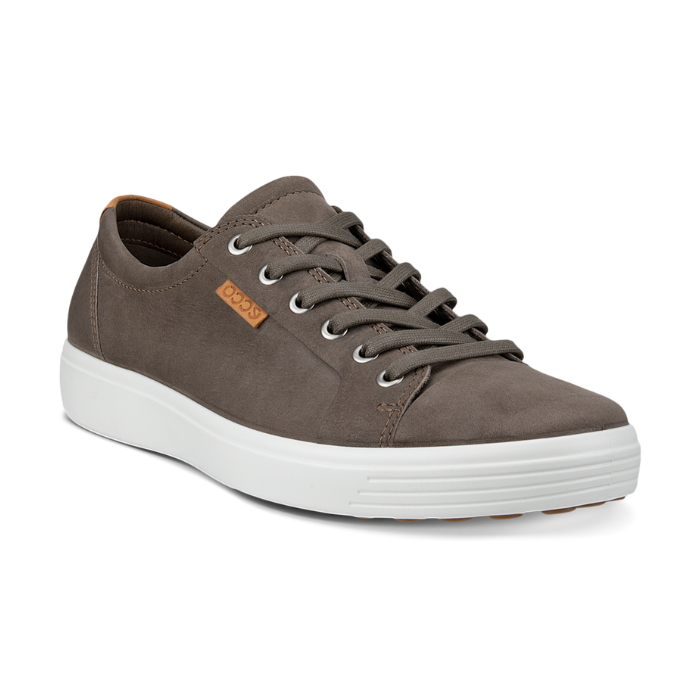 A light grey nubuck casual sneaker with a white midsole and brown outsole. A brown leather tag near the laces show the Ecco logo. 