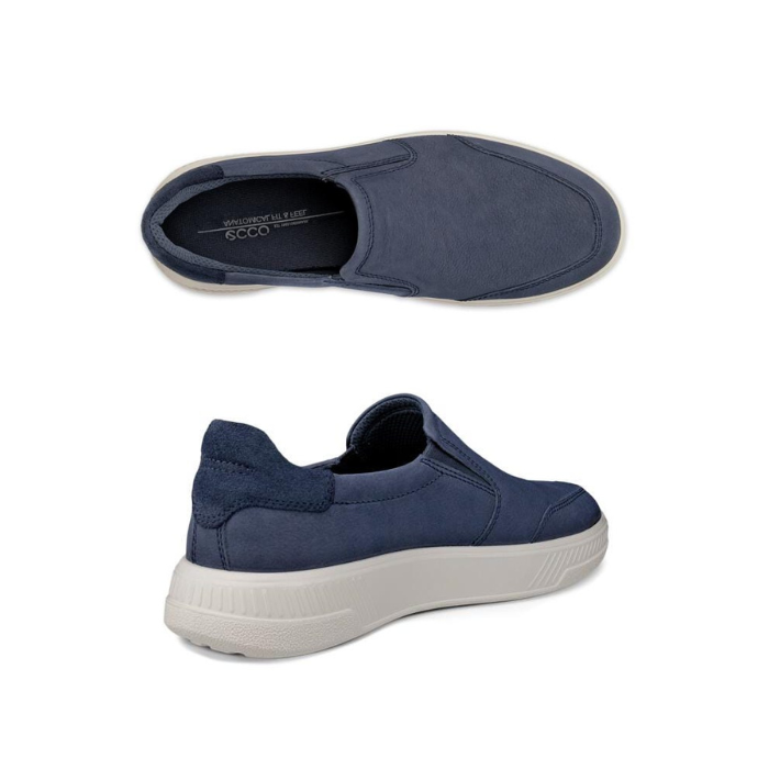 Pair of Navy slip-on shoes with accent stitching, blue Ecco logo'd footbed and a white outsole.