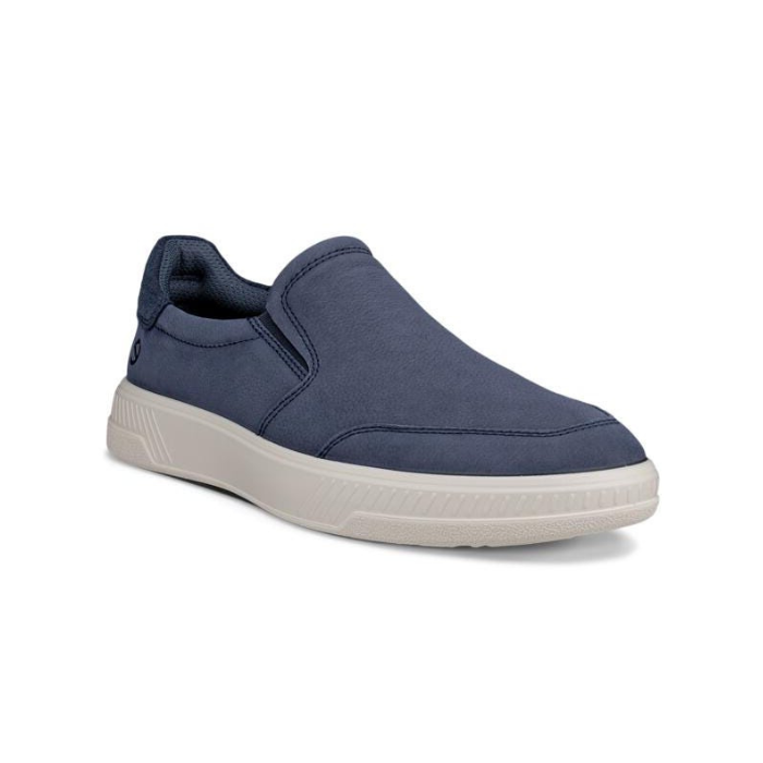 Navy slip-on shoe with accent stitching and a white outsole.