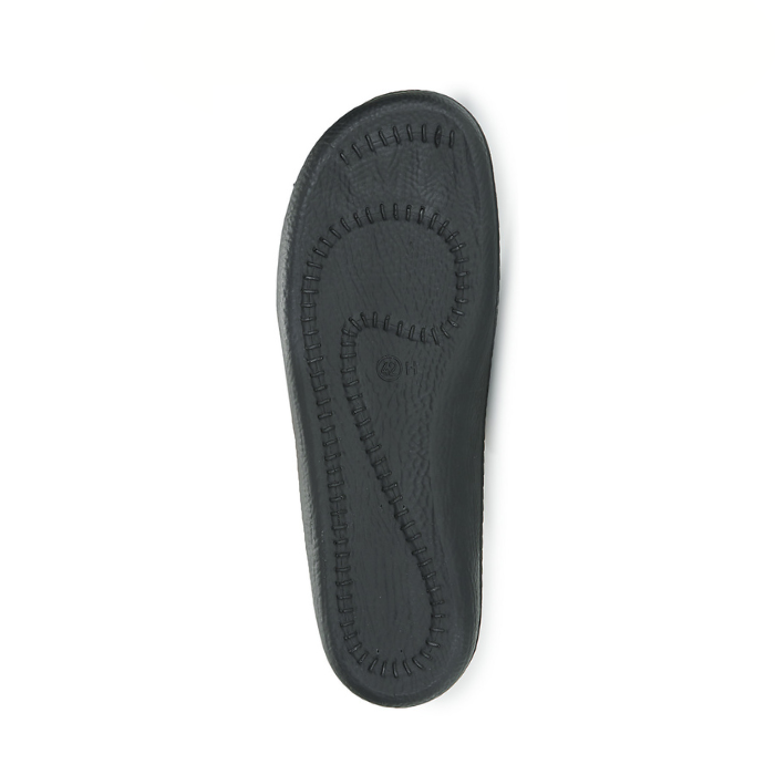 Black treaded outsole with outline of foot stitched in design.