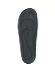 Black treaded outsole with outline of foot stitched in design.