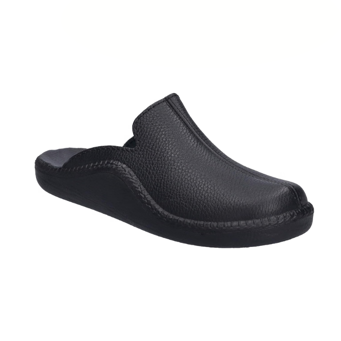 Black leather clog with detail stitching.
