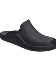 Black leather clog with detail stitching.