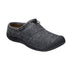  A slip-on shoe with a grey textile upper, featuring an elastic bungee around the heel and black rubber outsole with toe bumper.