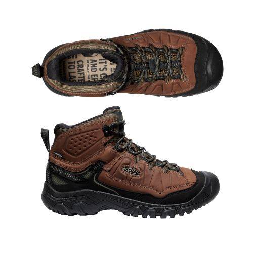 Top and side view of brown leather Hiker Boots with black accents, tan footbed and black rubber outsole with toe bumper.