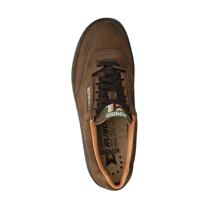 A brown suede low-top sneaker with black laces, a dark brown sole, and a green and white 'MEPHISTO' logo patch on the side and on tongue.
