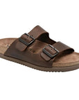 Brown leather two strap sandal with buckle closures, supportive cork midsole and brown outsole.