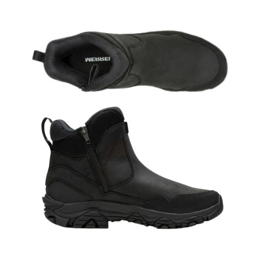 Side and top view of Men's Merrell Coldpack 3 Thermo Waterproof Boot showing zip closure and insulated lining for cold-weather comfort.