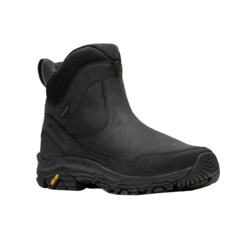 Men's Merrell Coldpack 3 Thermo Waterproof Boot in black with Vibram Arctic Grip outsole, ideal for winter hiking and wet conditions.