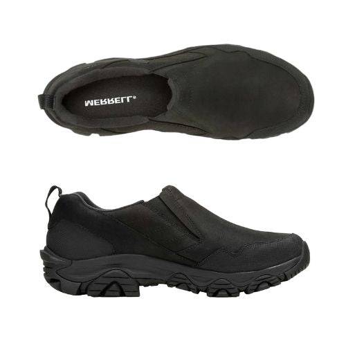 Pair of Black leather Moc Slip-On Shoes with  side goring, Black Merrell logo'd footbed, detailed stitching and a rugged Vibram sole.