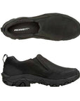 Pair of Black leather Moc Slip-On Shoes with  side goring, Black Merrell logo'd footbed, detailed stitching and a rugged Vibram sole.
