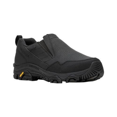 Black leather Moc Slip-On Shoe with  side goring, detailed stitching and a rugged Vibram sole.